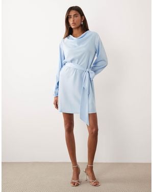 Y.A.S High Neck Long Sleeve Satin Mini Dress - Blue