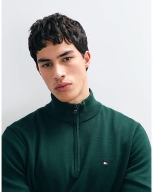 Tommy Hilfiger Strickpullover aus baumwolle mit flaggenlogo, stehkragen und viertelreißverschluss - Grün