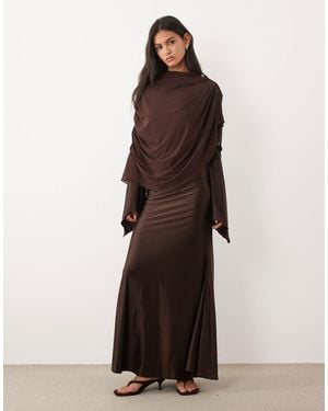 JW PEI Exclusive Mesh High Neck Shawl Detail Maxi Dress - Brown