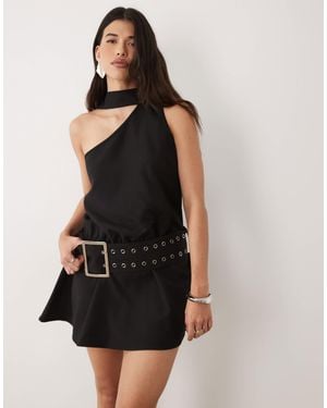 Kaiia Exclusive Halter Scarf Detail Chunky Eyelet Belted Mini Dress - Black