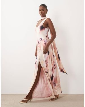 ASOS Printed Slinky Maxi Dress With Scarf Detail - Pink