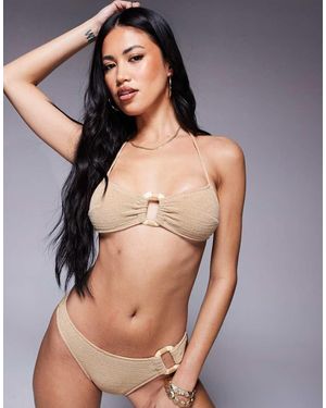 ASOS Eloise Textured Halter Scoop Bikini Top With Raffia Trim - Grey