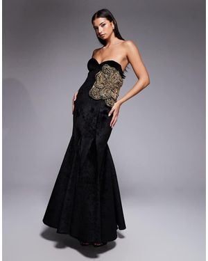 ASOS Structured Velvet Godet Maxi Dress With Floral Embellishment - Blue