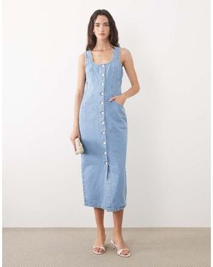 Nobody's Child Denim Button Down Fitted Midi Dress - Blue