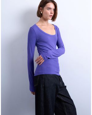 TOPSHOP Premium Rib Long Sleeve Wide Scoop Neck Top - Purple
