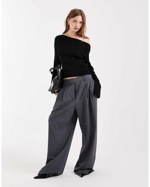 Collusion Knit Slash Neck Long Sleeve Top - Black