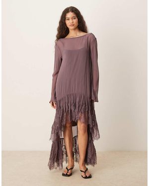 ASOS Long Sleeve Sheer Lace Detailed Asymmetric Hem Maxi Dress - Green