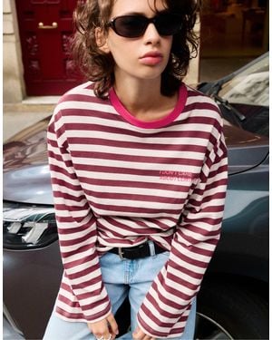 Pull&Bear T-shirt oversize à rayures avec slogan pâle - Rose