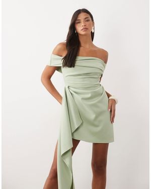 ASOS Drape Bardot Mini Dress With Asymmetric Skirt - Green
