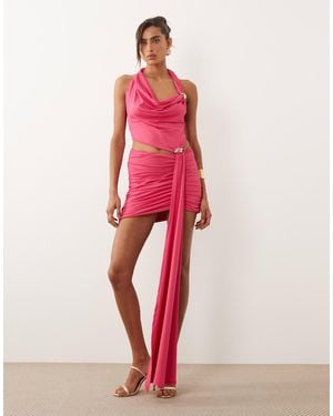 Murci Twist Strap Metal Hardware Detail Cutout Drape Skirt Mini Dress - Pink