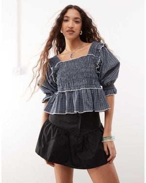 Collusion Extreme Ruched Puff Sleeve Blouse With Contrast Ties - Blue