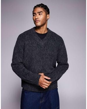 ADPT Fluffy V-neck Knit Jumper - Blue