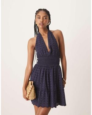 Iisla & Bird Halterneck Broderie Mini Beach Dress - Blue
