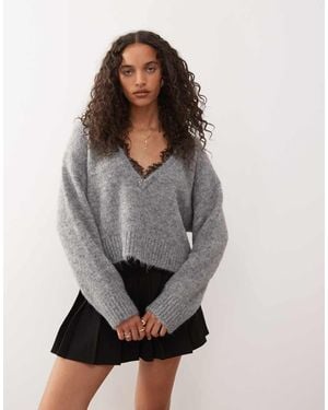 Monki Fluffy Knitted V-neck Jumper With Lace Trim - Grey