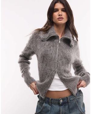 Weekday Wool And Mohair Blend Hairy Yarn Zip Cardigan - Grey
