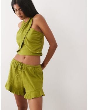 ASOS Mix & Match Cotton Crinkle Ruffle Hem Short - Green