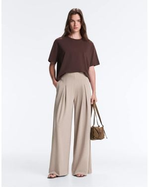 Oysho Soft-Touch Striped Wide-Leg Trousers - Natural