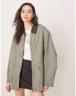 ASOS Oversized Washed Jacket With Leather Look Collar - Grey