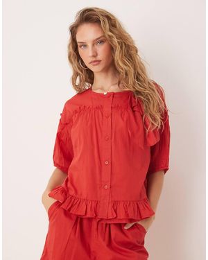 Neon Rose Bow Detail Puff Sleeve Blouse - Red