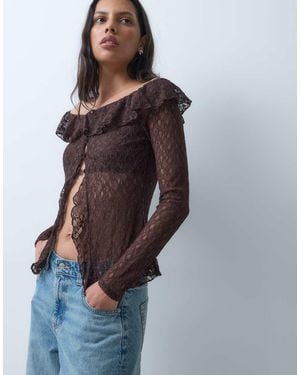 Miss Selfridge Lace Top With Buttons And Ruffles - Brown