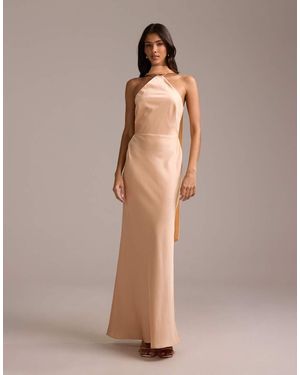 ASOS Bridesmaids Halter Neck Satin Maxi Dress With Scarf Detail - Natural