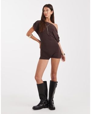 Miss Selfridge Off The Shoulder Playsuit - Brown