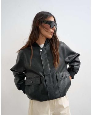TOPSHOP Faux Leather Nero Collar Bomber Jacket - Black