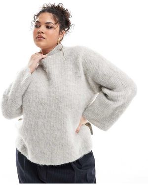 Pieces Plus Pieces Curve Premium Longline Fluffy Knit Jumper With Wide Cuffs - Grey