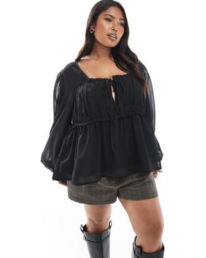 ASOS Asos Design Curve Sheer Yoke Ruched Detail Blouse - Black