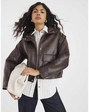 River Island Faux Leather Funnel Neck Bomber Jacket - Grey