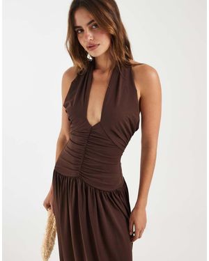 BRONZE SNAKE Marley Tie Detail Ruched Waist Midaxi Dress - Brown