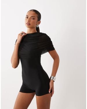 Missy Empire Missy Empire Slinky Mesh Cape Overlay Playsuit - Black