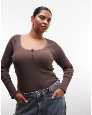 Noisy May Langarm-henley-t-shirt mit spitzenbesatz - Schwarz