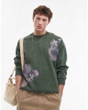 TOPMAN Felpa Oversize Slavato Con Motivo Floreale Stampato Sul Davanti E Sul Retro - Verde