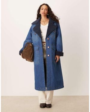 Wrangler Longline Denim Trench Coat With Borg Lining - Blue