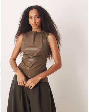 Pretty Lavish Leather Look Sleeveless Asymmetric Hem Top - Green