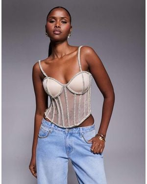JLUXLABEL Diamante Sheer Panel Detail Corset Top - Blue