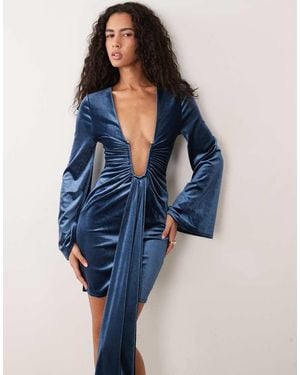 ASOS Velvet Mini Dress With Deep Plunge And Sash Detail - Blue