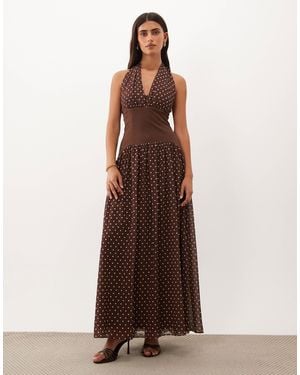 TFNC London Chiffon Contrast Waistband Halter Neck Maxi Dress - Brown