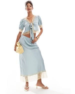 ASOS Satin Midi Skirt With Lace Hem - Blue