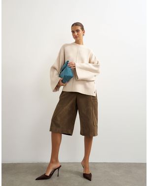 TOPSHOP Knitted Boxy Wide Sleeve Button Detail Sweater - Natural