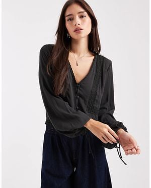 ASOS Textured Long Sleeve Lace Insert Blouse - Black