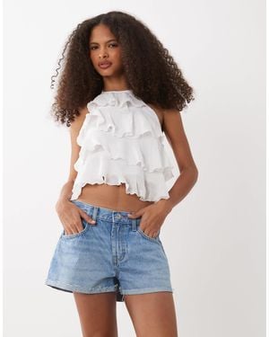 Mango Teen Cotton Rich Ruffle Halterneck Top - Blue