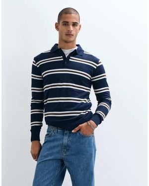 Brave Soul Striped Knitted Polo Jumper - Blue