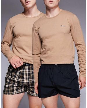 BOSS 2 Pack Check And Plain Peached Finish Woven Boxers - Blue