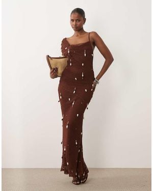 ASOS Manipulated Crochet Maxi Dress With Pearl Drops - Brown