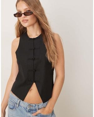 Mango Linen Blend Round Neck Wasitcoat With Knot Front Detail Fastening - Black