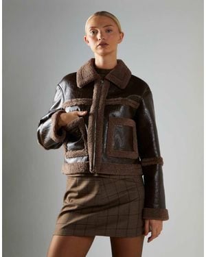 Glamorous Faux Leather Aviator Jacket - Brown