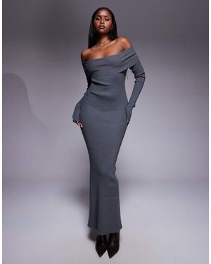 Princess Polly Phylis Foldover Bardot Ribbed Knit Back Split Maxi Dress - Blue