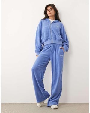 Kaiia Cotton Rich Embroidered Logo Wide Leg Towelling joggers Co-ord - Blue